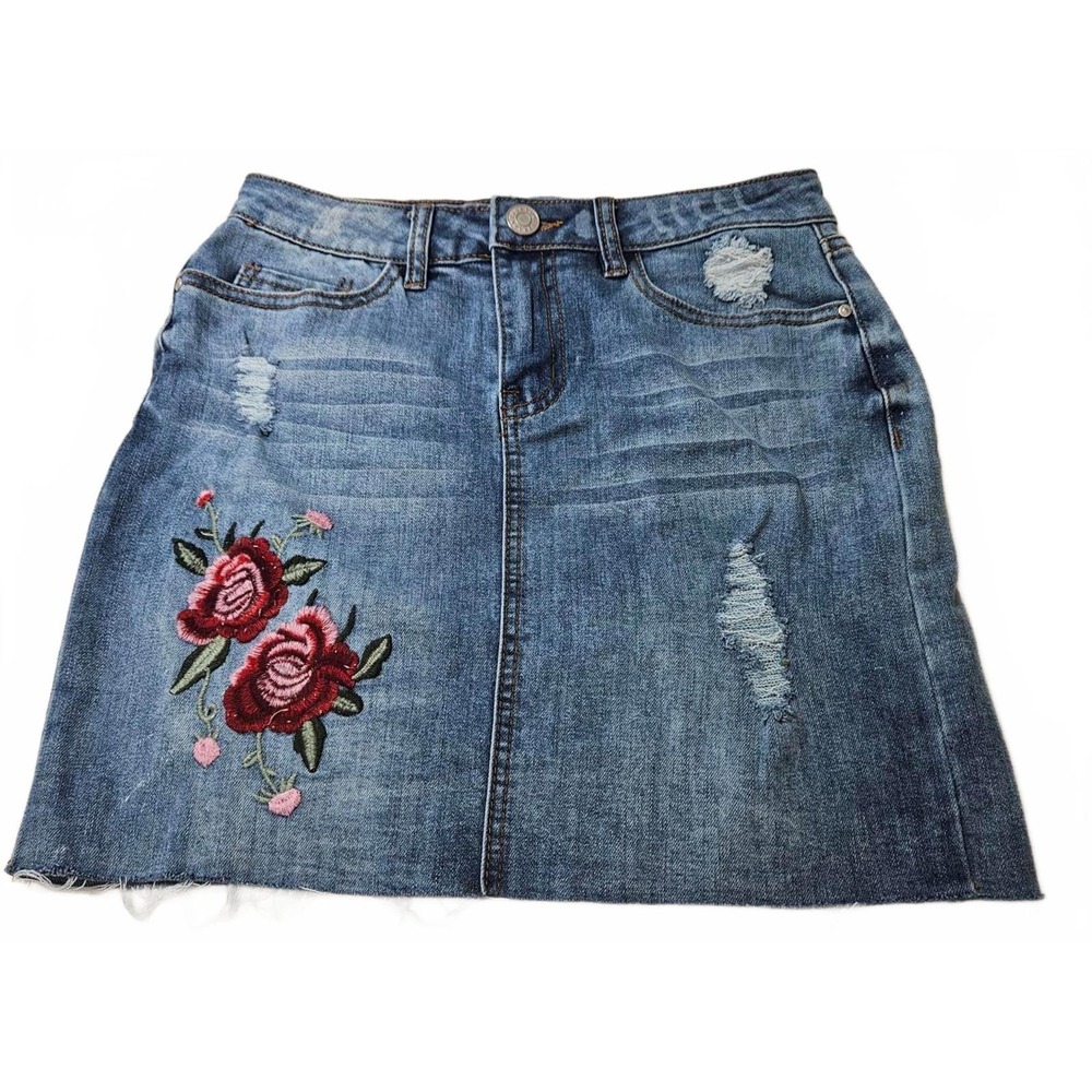 Refuge Womens Small Blue Denim Mini Skirt Floral Rose Embroidered Distressed Raw